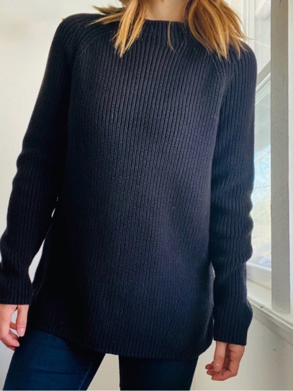 Lands' End Black Cable Knit Crewneck Sweater